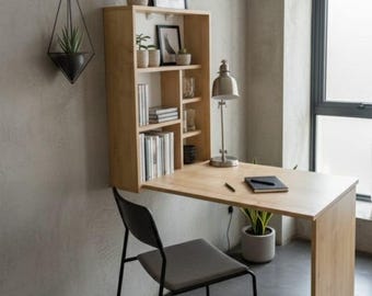 Wall Mounted Folding Desk with Shelves – Space Saving Murphy Table