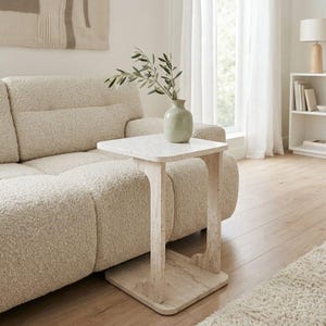 Rolling C-Shaped Sofa Side Table: Small Space Rustic Wood Decor