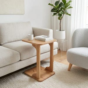 Rolling C-Shaped Sofa Side Table: Small Space Rustic Wood Decor
