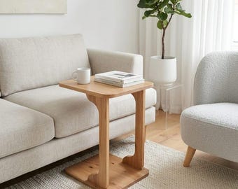 Rolling C-Shaped Sofa Side Table: Small Space Rustic Wood Decor