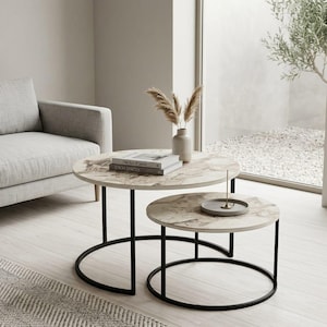 Mesas de centro redondas modernas apilables, muebles auxiliares minimalistas en blanco y negro, decoración para apartamentos que ahorra espacio