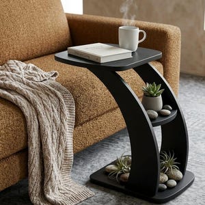 May include: A black side table with a curved design, featuring two shelves. The top shelf holds a white mug with steam, and a book. The lower shelves display small plants and decorative stones. A cable-knit blanket rests on a brown sofa.