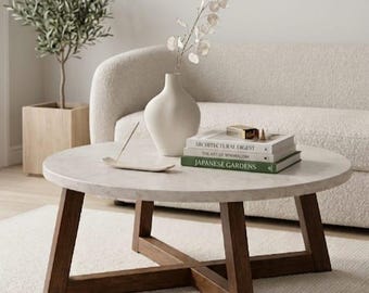Modern Round Coffee Table, Travertine-look or White MDF Top, Solid Wood Legs
