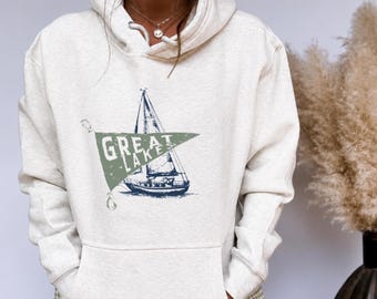 Great Lakes Hoodie | Vintage Sailboat Sweatshirt | Lake Life Pullover Hoodie | Coastal Nautical Hoodie | Midwest Lake Lover Gift