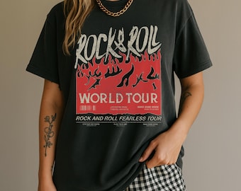 Camiseta de la gira mundial de rock & roll, banda vintage, camiseta gráfica, estilo atrevido, gira con efecto desgastado.
