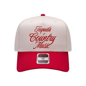 Canvas and red front trucker hat with red “Tequila & Country Music” lettering on a white background.