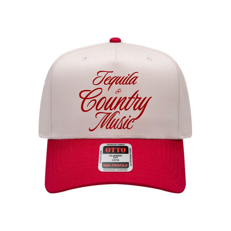 Canvas and red front trucker hat with red “Tequila & Country Music” lettering on a white background.