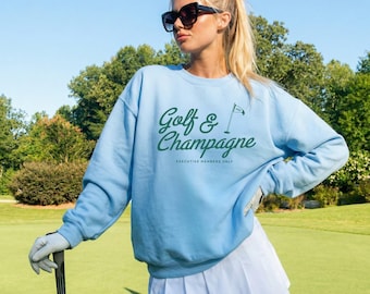 Sudadera Golf & Champagne, cuello redondo, estilo preppy, club de campo, suéter para mujer, regalo para amantes del golf, a la moda.