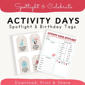 May include: Printable activity day tags with a pink, blue, and white color scheme. The tags feature a birthday hat, a gift box, and a party blower. The tags say "It is so sweet to have you in activity days!" and "You are a joy to have in activity days!" and "You are a gift to have in activity days!"