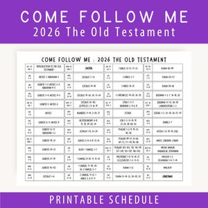 Puede incluir: Un calendario imprimible titulado "COME FOLLOW ME 2026 The Old Testament" con fondo blanco y texto negro. El calendario está dividido en columnas con fechas, temas y referencias bíblicas.