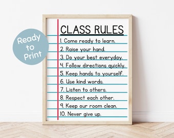 Class Rules Digital Download, Classroom Rules Print, Homeschool Rules, Class Rules Printable, Primary School, Elementary Rules