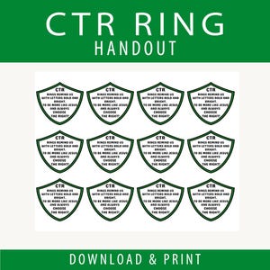 Op de afbeelding: Een afdrukbare handout met meerdere groene schildvormige ontwerpen. Elk schild heeft de letters "CTR" en een religieuze boodschap. De tekst "CTR RING HANDOUT" staat bovenaan en "DOWNLOAD & PRINT" onderaan.