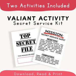 May include: A Valiant Activity Secret Service Kit with two white cards featuring black text. One card reads Top Secret File with a blank space. The other card outlines a mission, objective, and completion instructions. The header says Two Activities Included.