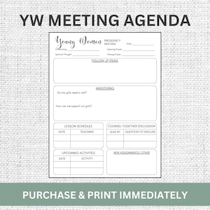 Young Women&#39;s Meeting Template, Young Women President Meeting Agenda, LDS Young Women&#39;s Agenda, YW Printable, YW President Helps