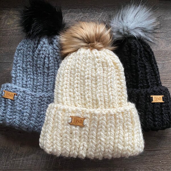 Handmade merino wool hat with faux fur luxury pom pom, Hand knit luxe winter beanie