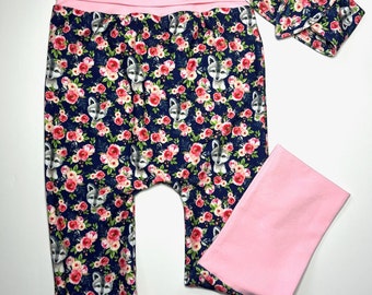 Ready to go - Scalable pants + Headband, Comfortable Cotton Lycra Jersey, Wolf and flower pattern, navy (Size 0 - 6 months, 6 m.-3 years)