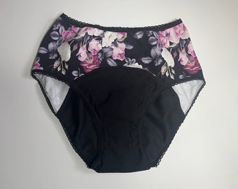 Culotte menstruelle, culotte anti-fuites, Fleurs roses et grises sur fond noir