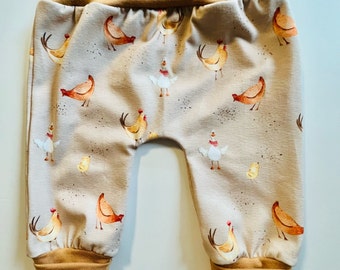 Adaptable Children's pants, cotton and lycra jersey, Comfortable, ''Hens'' pattern (Size 0 - 6 months / 6 months - 3 years)