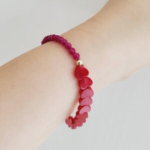 AAA+ Natural Bright Rose Red Ruby & Jade Bracelet with Real 14K Gold bead/ Stretch Bracelet / Gift for mom