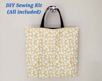 Kit de couture pour débutant / Sac fourre-tout Easy Sewing Yellow Puppy / Tissu, Handel et Instructions INCLUS / Taille 13"x 10"x 3"