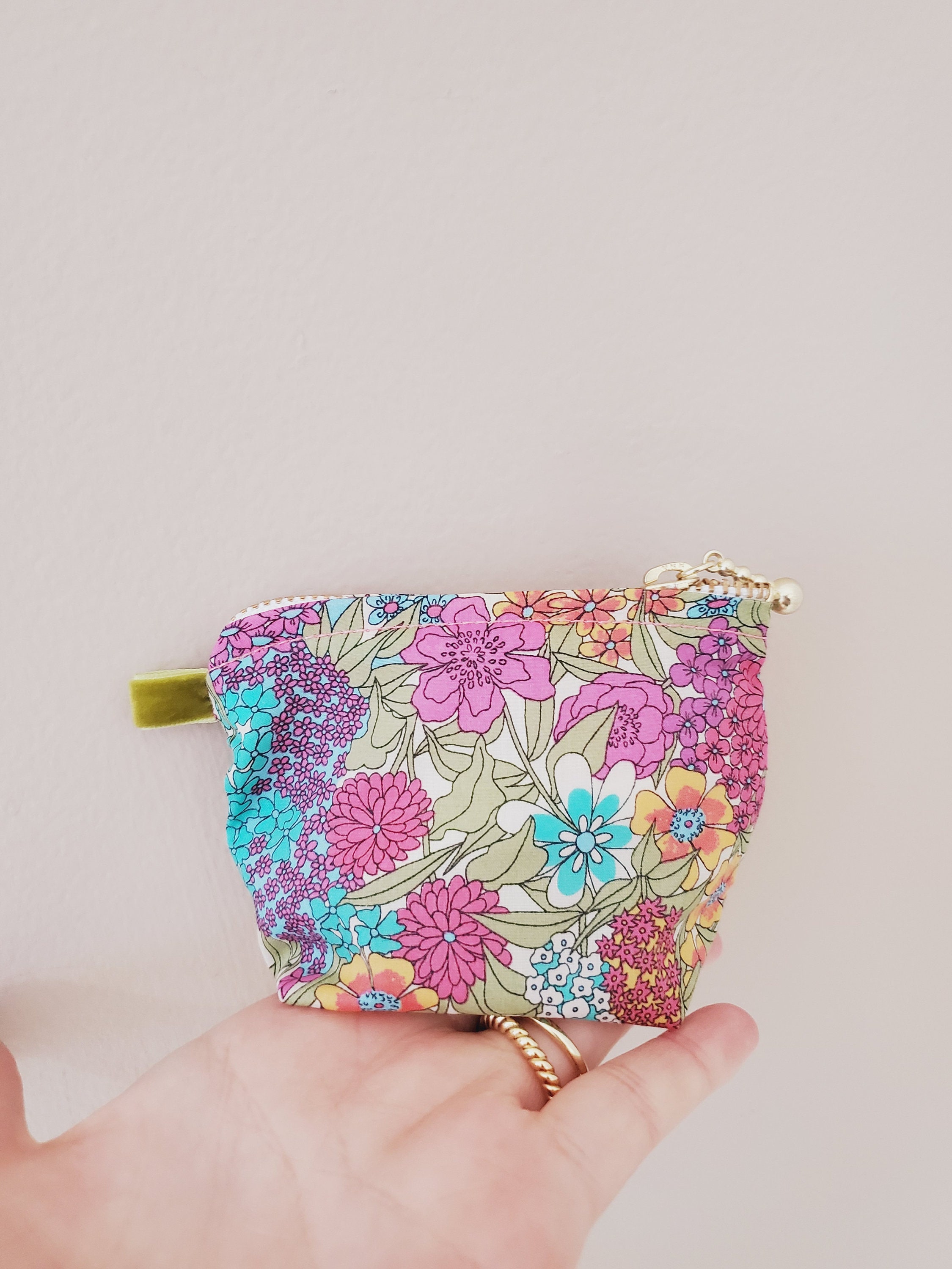 Coated Small Cosmetic Bag in Light Green/Red Amelie Liberty Fabric
