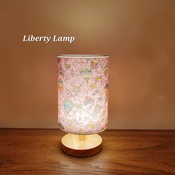 Liberty Pink Color Table Lamp, USB Cable Wood Lamp with Liberty of London Fabric Shade / All included, Just TURN ON the switch