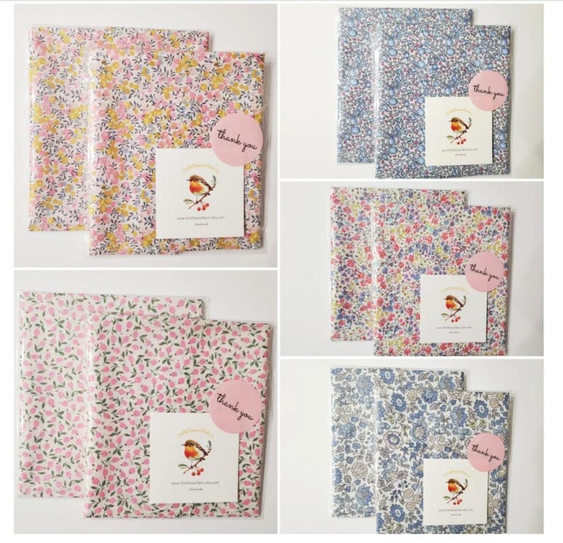 Puede incluir: Se muestran varios paquetes envueltos en papel con estampado floral. Cada paquete est&aacute; sellado con una envoltura de pl&aacute;stico transparente y una pegatina rosa de "gracias". Tambi&eacute;n se incluye una peque&ntilde;a tarjeta con una ilustraci&oacute;n de un p&aacute;jaro. Los estampados florales presentan varios colores, como el rosa, el azul y el amarillo.