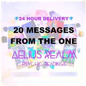 May include: A collection of colorful tarot cards arranged in a fan shape, surrounded by various small crystals. The text reads 24 HOUR DELIVERY, 20 MESSAGES FROM THE ONE, AELIUS REALM, and PSYCHIC READINGS in bold black and purple lettering.