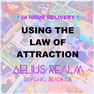 Può includere: Un collage di carte dei tarocchi colorate con il testo 24 HOUR DELIVERY, USING THE LAW OF ATTRACTION, AELIUS REALM e PSYCHIC READINGS in grassetto nero e viola. Le carte mostrano varie illustrazioni e immagini mistiche.