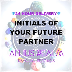 May include: A black and white Ouija board with the words "Initials of your future partner" and "24 Hour Delivery" on it. The board is surrounded by colourful gemstones. The text "AELIUS REALM PSYCHIC READINGS" is at the bottom of the image.
