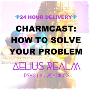 Könnte beinhalten: Ein violettes und goldenes Bild mit einer goldenen Statue und einer Schachtel mit bunten Steinen. Der Text lautet "Charmcast: Wie man sein Problem löst" und "Aelius Realm Psychic Readings".