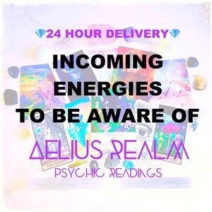 Puede incluir: Un collage de cartas de tarot con el texto "INCOMING ENERGIES TO BE AWARE OF" en negro y "AELIUS REALM PSYCHIC READINGS" en morado.