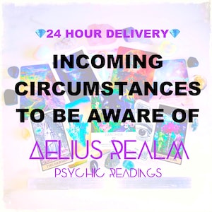 Puede incluir: Una colección de cartas de tarot coloridas con varias ilustraciones, incluyendo una pantera y los amantes, superpuestas con el texto 24 HOUR DELIVERY, INCOMING CIRCUMSTANCES TO BE AWARE OF, AELIUS REALM y PSYCHIC READINGS en negro y morado.