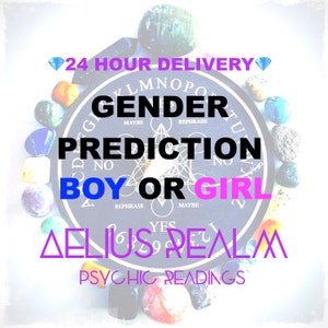 May include: A circular black spirit board with white letters and symbols surrounded by various colorful polished stones. The text reads 24 HOUR DELIVERY, GENDER PREDICTION BOY OR GIRL, AELIUS REALM, and PSYCHIC READINGS in black, blue, and pink.