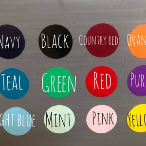 May include: A collection of 12 color swatches with the names of each color written in white text. The colors are: navy, black, country red, orange, teal, green, red, purple, light blue, mint, pink, and yellow.
