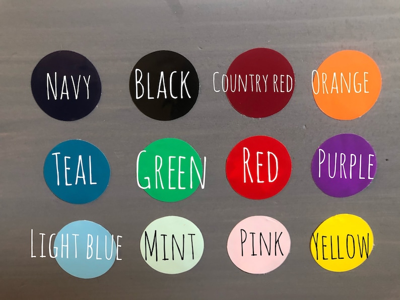May include: A collection of 12 color swatches with the names of each color written in white text. The colors are: navy, black, country red, orange, teal, green, red, purple, light blue, mint, pink, and yellow.