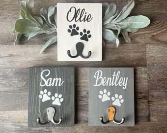 Personalized dog leash holder-custom pet leash-dog sign-wood leash holder
