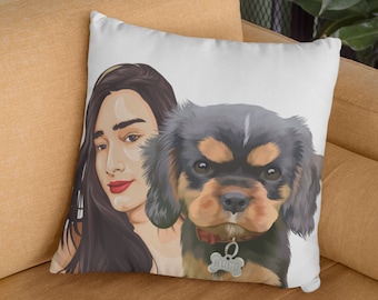 Personalized Pet And Owner Portrait Cushion Custom Pillow - Half Body Portrait - 2 People And Pet (Any Colour)