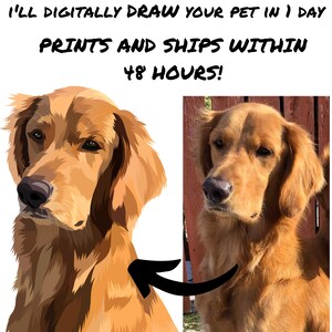 Puede incluir: Una ilustraci&oacute;n digital de un perro golden retriever con un estilo realista. La ilustraci&oacute;n est&aacute; junto a una foto del mismo perro. El texto "I'll digitally draw your pet in 1 day Prints and ships within 48 hours!" est&aacute; en la parte superior de la imagen.