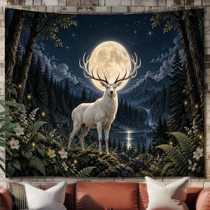 May include: A rectangular wall tapestry featuring a white stag with large antlers standing in a dark forest at night. A large full moon glows in the sky above a lake and mountains. The scene includes green ferns, white flowers, and fireflies.