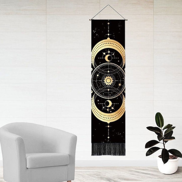 Sun and Moon Phase Tapestry Astrology Constellation Wall Hanging Black and Golden Tarot Scroll Painting Tassel Wall Scroll Poster