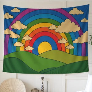 Retro Rainbow Wall Tapestry Colorful Landscape Art | Bold Groovy Sun and Clouds Decor | Large Vibrant Statement Wall Hanging