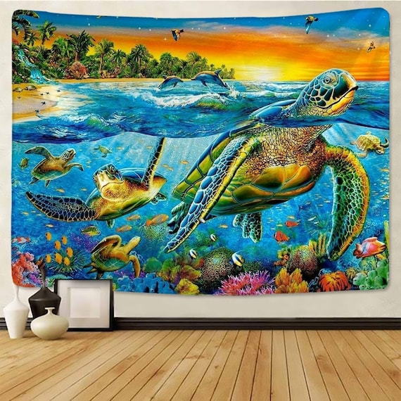 Underwater World Tapestry Wall Hanging With Sea Turtle Dolphins