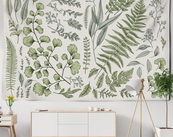 Botanical Tapestry Fern Green Leaves Wall Hanging Plants Herbs Aesthetic Decorative Tapestries for Bedroom Living Room Dorm