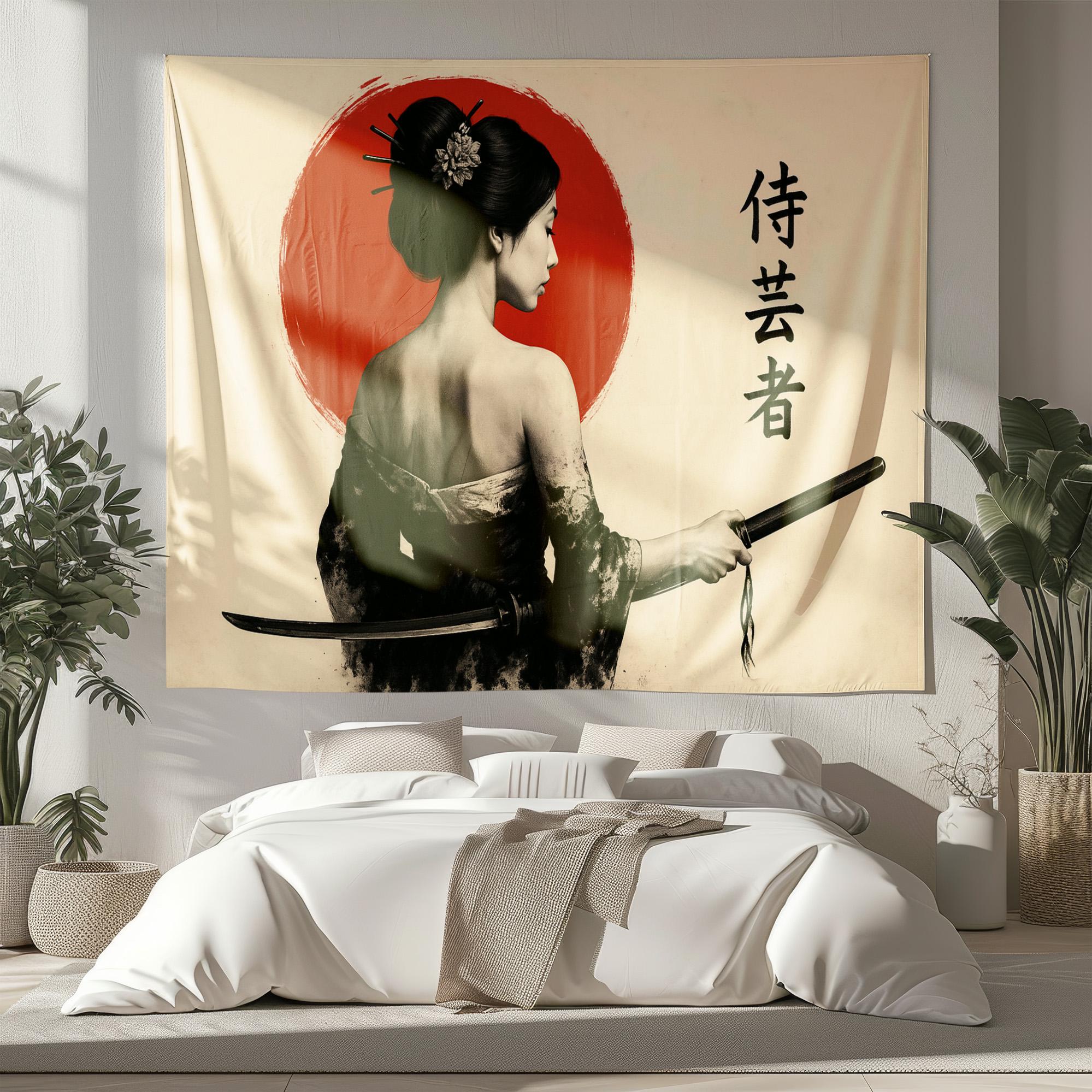 Samurai Woman Tapestry – Japanese Warrior Wall Art – Geisha Sword Red ...