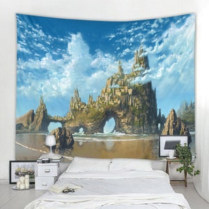 May include: A tapestry featuring a fantasy landscape with a large, rocky island with a city built into it. The island has several arches and is surrounded by a blue ocean with white clouds in the sky.