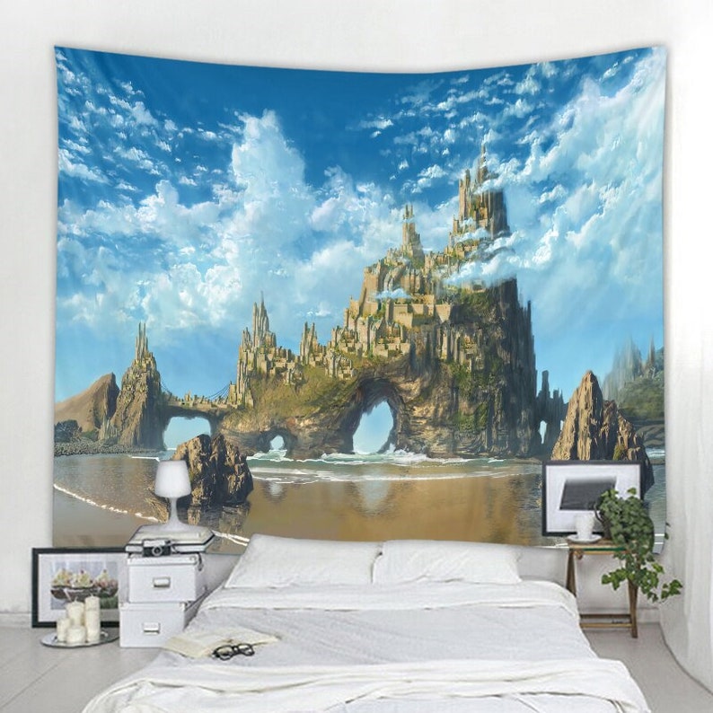 May include: A tapestry featuring a fantasy landscape with a large, rocky island with a city built into it. The island has several arches and is surrounded by a blue ocean with white clouds in the sky.
