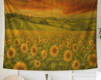 Tapiz de girasoles al atardecer: arte de pared con paisaje floral dorado para un dormitorio alegre o una decoración rústica de granja, un regalo inspirador para ella.