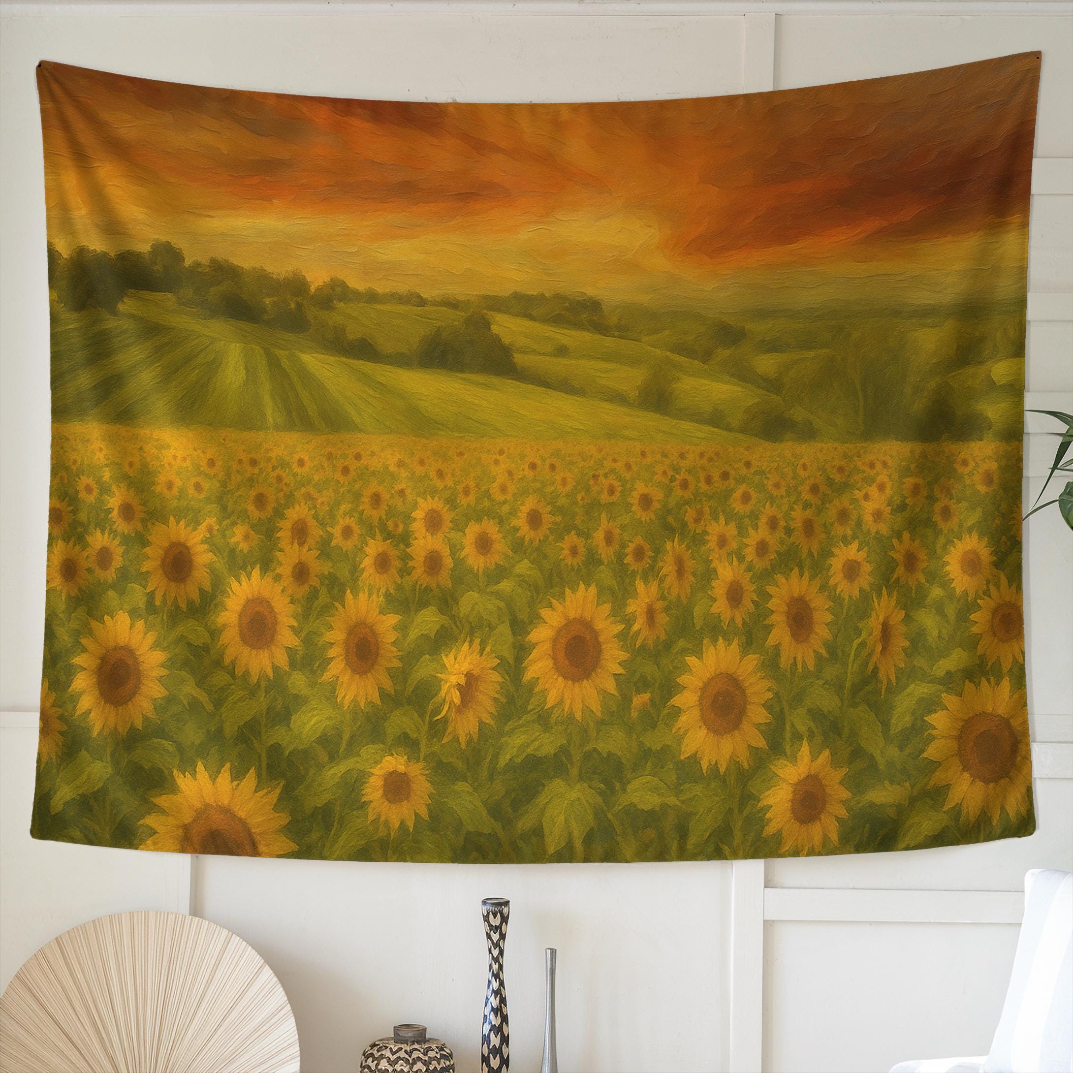 ひまわり畑の夕焼けタペストリー - 明るい寝室や素朴な農家の