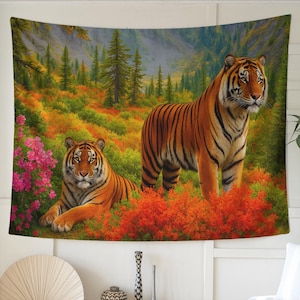 Vibrant Tiger Tapestry Wall Hanging – Colorful Nature Scene, Lifelike Wildlife Decor, Aesthetic Art, Boho Home Decor, Gift for Him/Her
